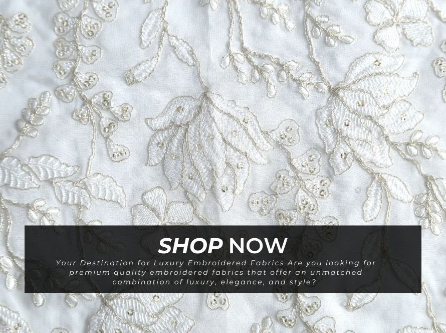 Royal Floral Embroidered Fabric with White Cotton Thread for Designer Apparel