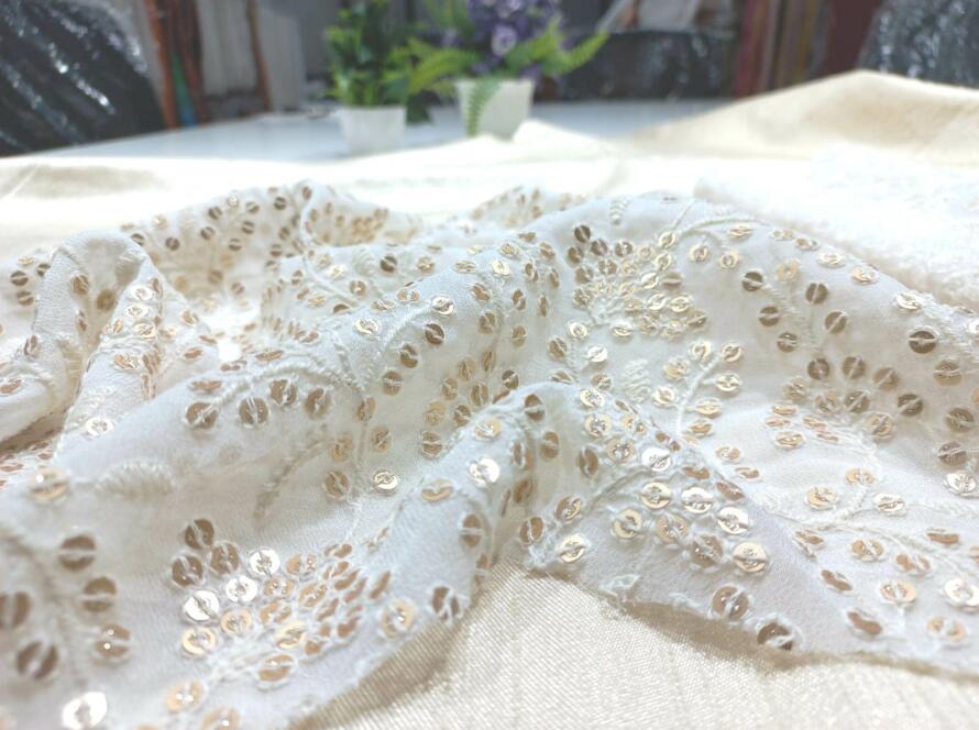 Get Exclusive Allover Sequins Embroidered Fabric with Cotton Thread for Designer Outfit