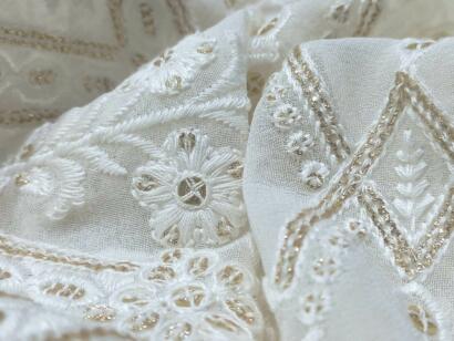 Daman Embroidery Fabric with Light Glitter and White Thread