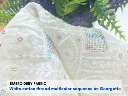 White cotton thread sequin embroidery fabric