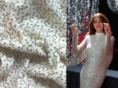 Off White Sequins Embroidery fabric for Women Clothing