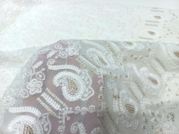 White Daman Schiffli Embroidery fabric on georgette