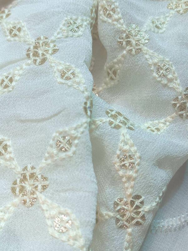 White Schiffli embroidery fabric with thread work and 5mm glitter price,