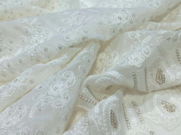 White schiffli embroidery fabric on georgette wholesale