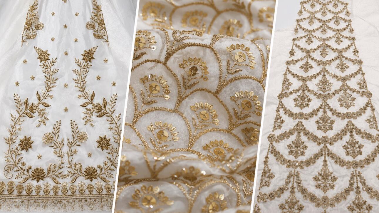 Ivory Kali Embroidery Fabric with Floral Lace Design for Evening Wear Labels