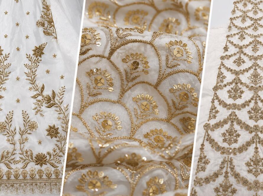 Ivory Kali Embroidery Fabric with Floral Lace Design for Evening Wear Labels