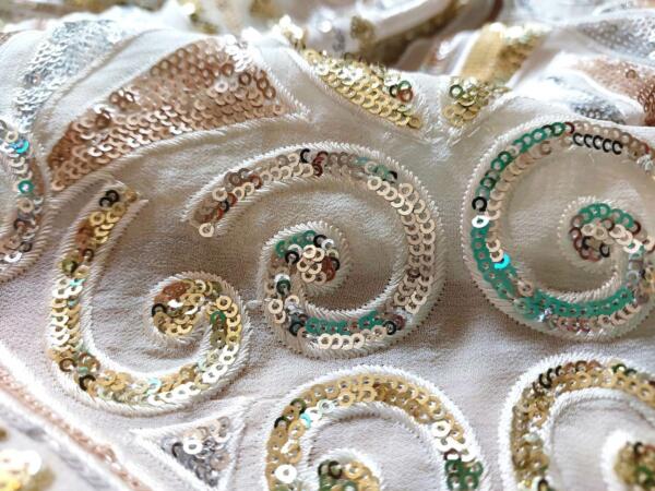 Beautiful Multi Color Sequins With Thread Floral Embroidery On White Dyeable Viscose Georgette Fabric