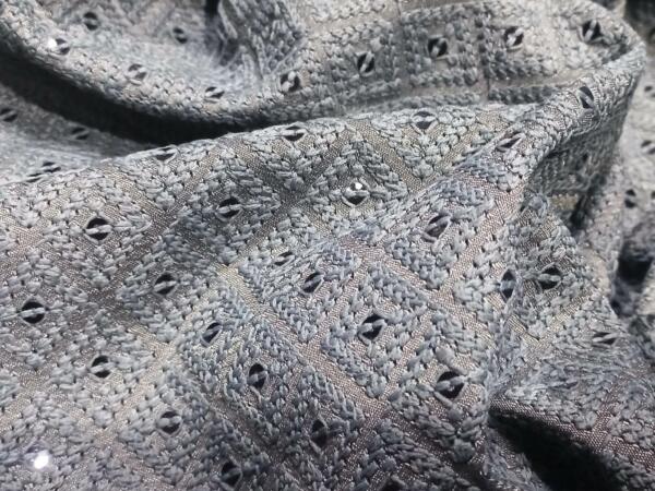 Explore Grey Schiffli Poly Linen Fabric