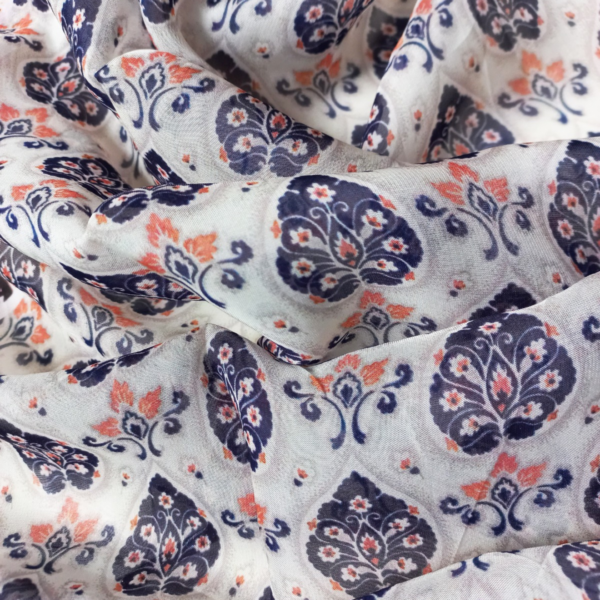 Buy Ivory Maroon Indigo Viscose Organza Printed fabric 