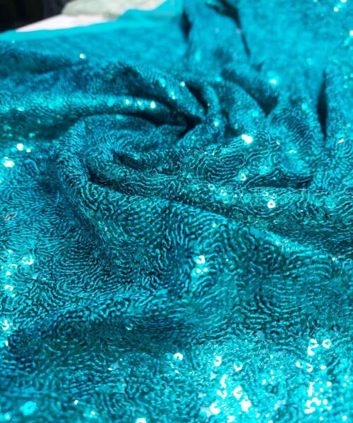 Teal Blue Georgette Allover Sequins Embroidery fabric