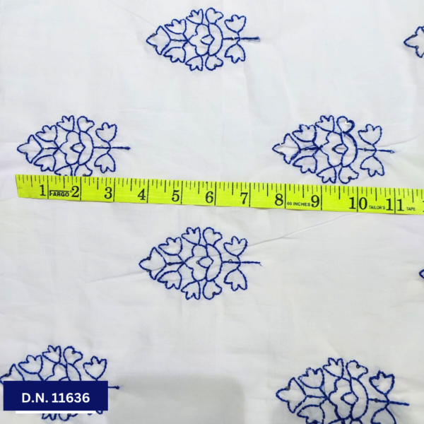 Blue Leafy Thread work Cotton Embroidered fabric