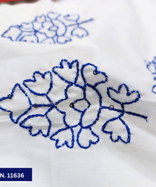 Blue Leafy Thread work Cotton Embroidery fabric