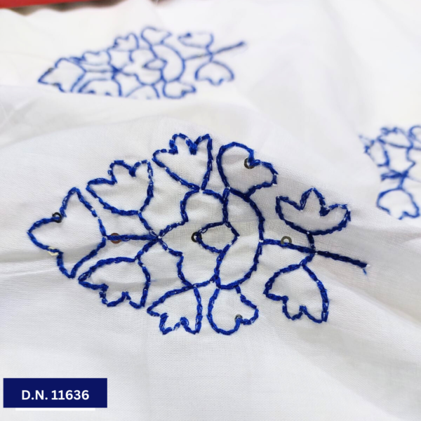 Blue Leafy Thread work Cotton Embroidery fabric