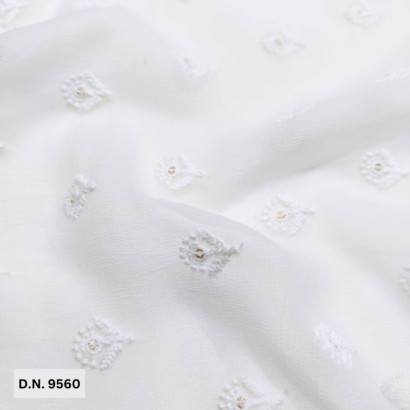 Small Motif Thread Work Embroidery on White Dyeable Viscose Georgette Fabric