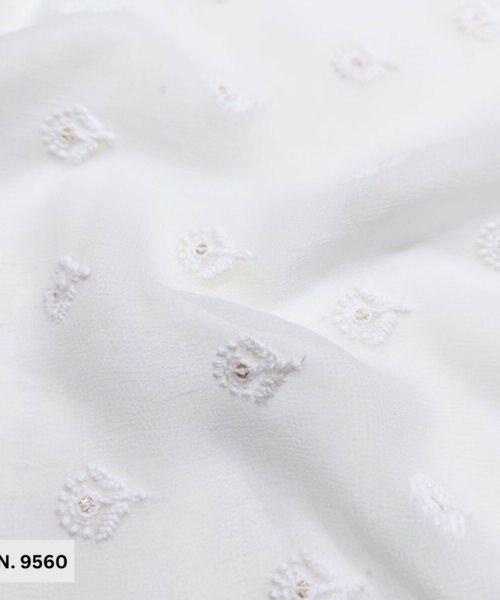 Small Motif Thread Work Embroidery on White Dyeable Viscose Georgette Fabric