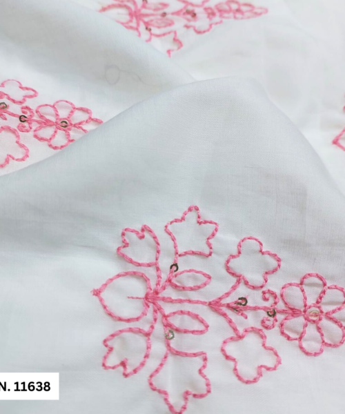 Buy Pink Thread Work White Cotton Embroidery fabric