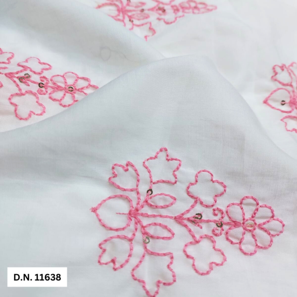 Buy Pink Thread Work White Cotton Embroidery fabric