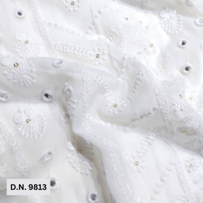 Shop Now White Mirror Work Embroidery fabric