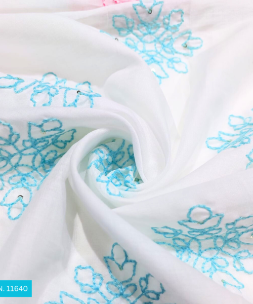 Sky Blue Thread Work White Cotton Embroidery fabric