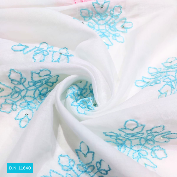 Sky Blue Thread Work White Cotton Embroidery fabric