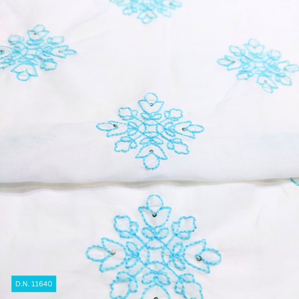 Sky Blue Thread work White Cotton Embroidery fabric