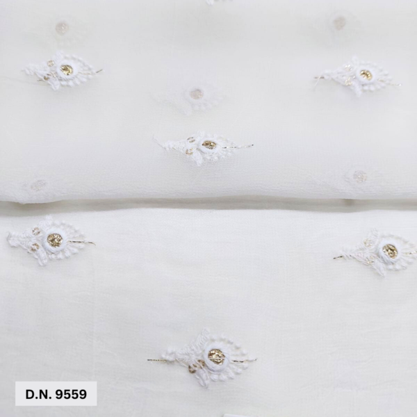 White Georgette Allover Butti Embroidery fabric for Apparel