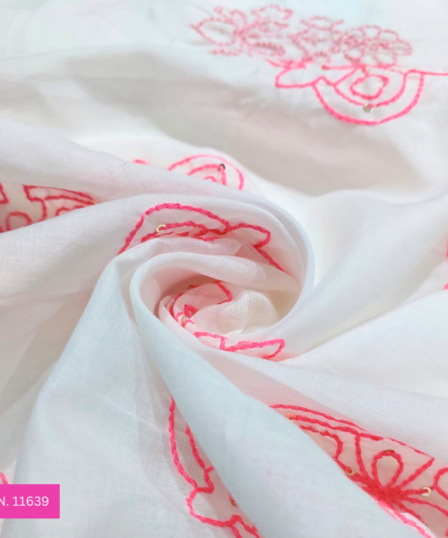 Buy White Embroidered Cotton Fabric