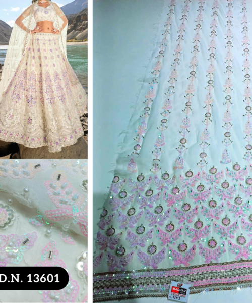 Buy White Mesh Heavy Beaded Fabric for Lehenga, Gown, and More