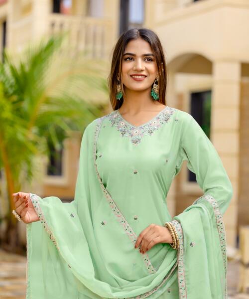 Embroidered Kurti with Dupatta and Plain Bottom - Trendy Festive Wear