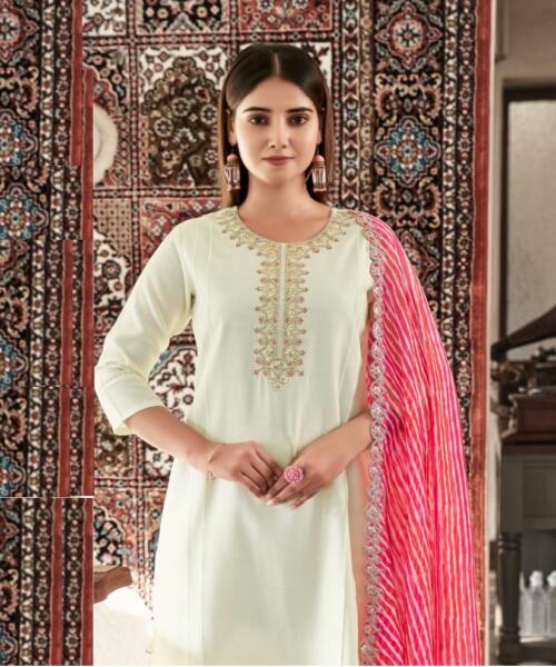 White Readymade Kurti Set with Hand Embroidery