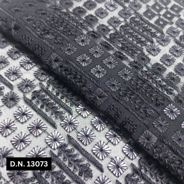 Black Poly Embroidery Fabric with Square Sequins for Men’s Wear