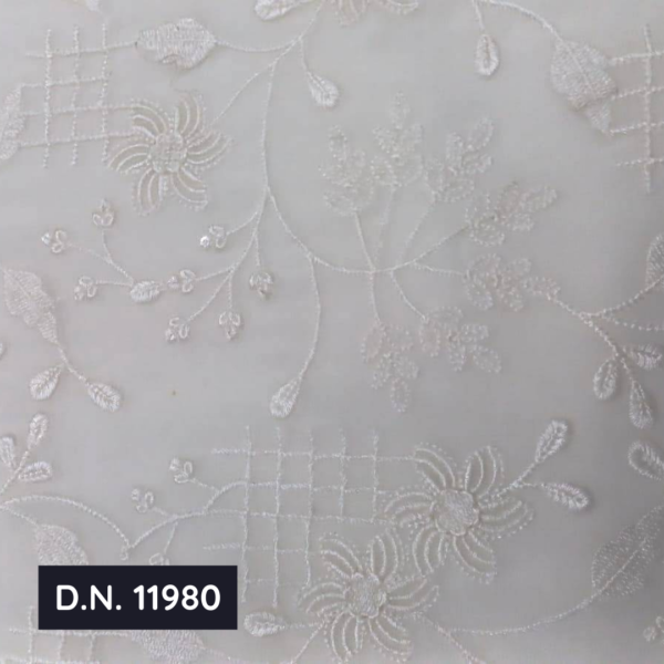 Intricate White & Silver Floral Jaal Embroidery on Georgette Fabric