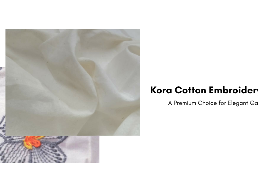 Kora cotton embroidery fabric with intricate designs, showcasing its natural off-white color and eco-friendly appeal for premium garments