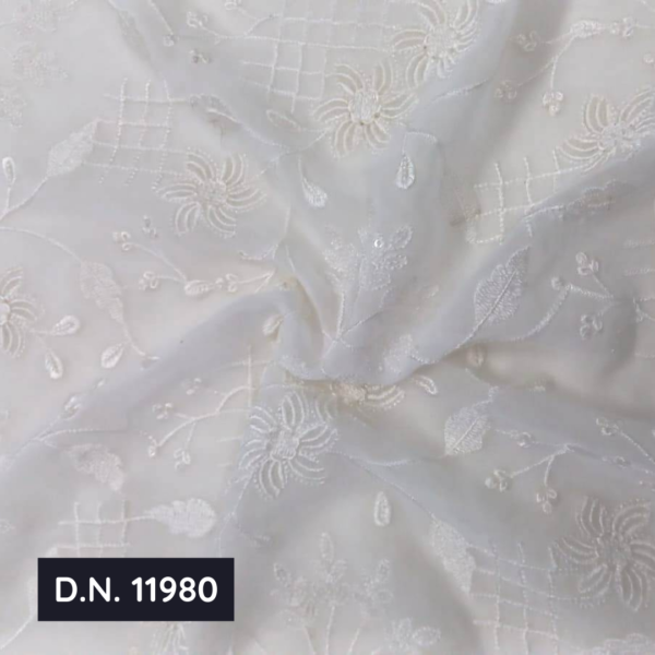 White & Silver Sequence Floral Jaal Georgette Fabric for Designer Dresses