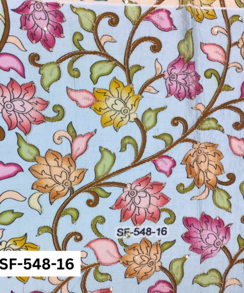 Buy Floral Position Print Embroidery Fabric - Premium Dola Silk with Golden Sequins