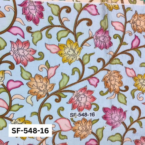 Buy Floral Position Print Embroidery Fabric - Premium Dola Silk with Golden Sequins