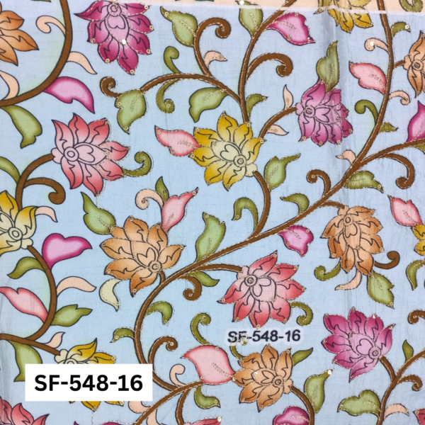 Floral Position Print Embroidery Fabric - Premium Dola Silk with Golden Sequins