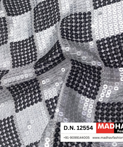 Buy Black & White Sequins Georgette Fabric – Perfect for Partywear, Gowns, & Sarees