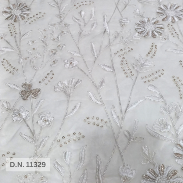 Premium Organza Chain Stitch Flower Embroidery Fabric – Ideal for Formal & Wedding Wear