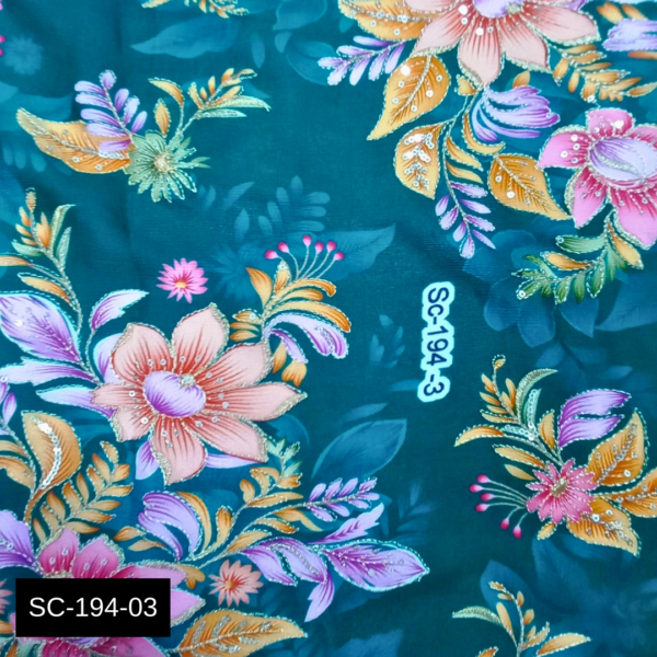 Buy Beautiful Green Floral Position Print Chinon Fabric with Embroidery