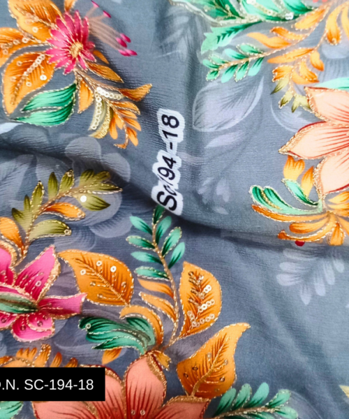 Buy Gray Chinon Position Print Fabric with Embroidery