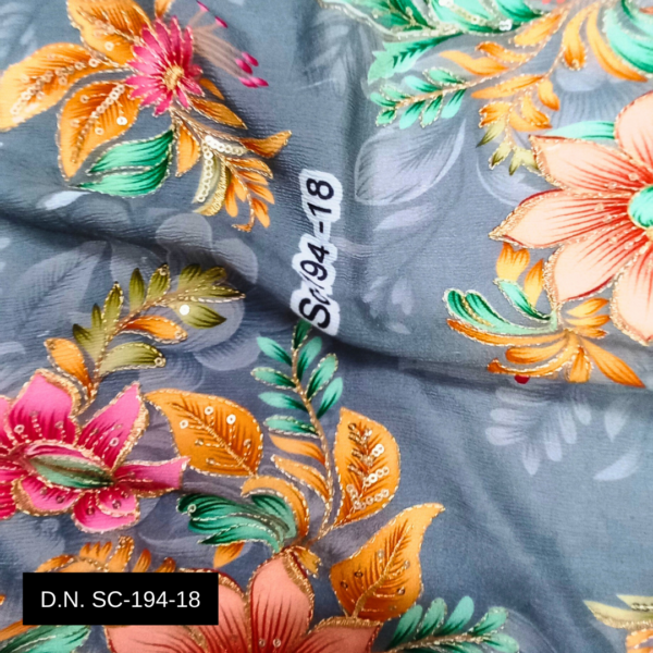 Buy Gray Chinon Position Print Fabric with Embroidery