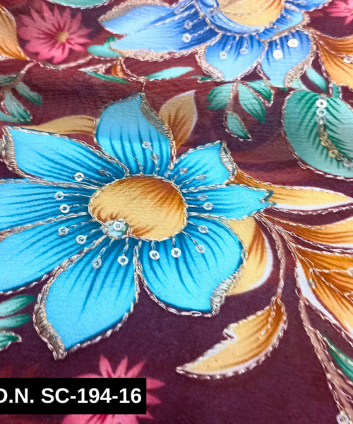 Buy Stunning Maroon Position Print Embroidery Fabric – Chinon with Multicolor Sequins