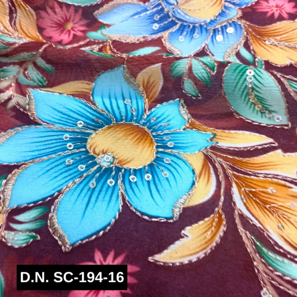 Buy Stunning Maroon Position Print Embroidery Fabric – Chinon with Multicolor Sequins