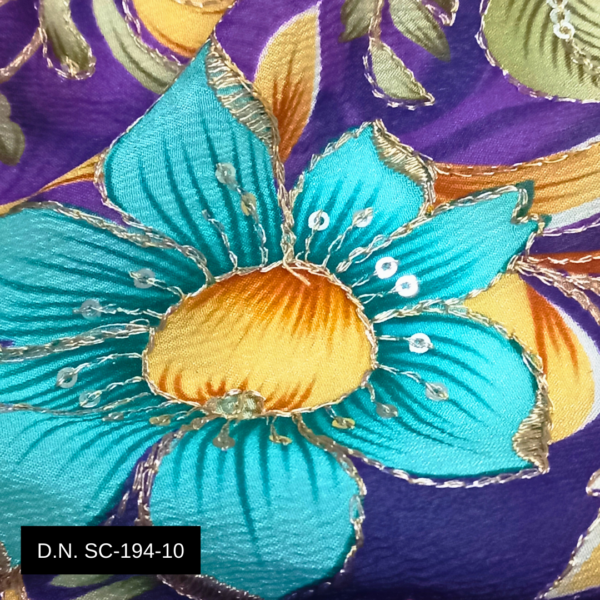 Gorgeous Purple Floral Chinon Fabric with Digital Print & Embroidery for Fashionable Designs