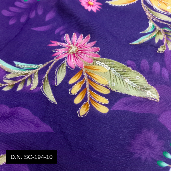 Premium Purple Floral Position Print Embroidery Chinon Fabric for Couture Apparel