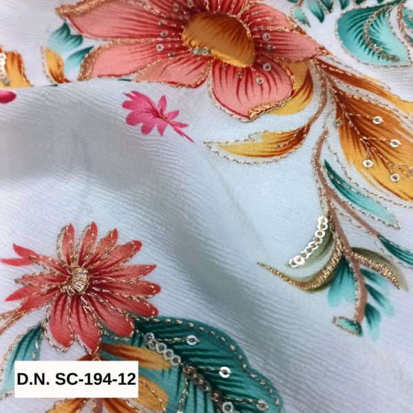 White Floral Chinon Fabric with Embroidery