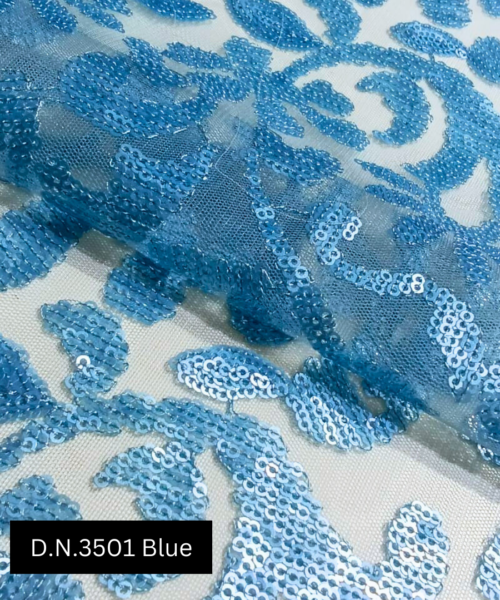 Buy Floral Blue Sequins Embroidery Net Fabric