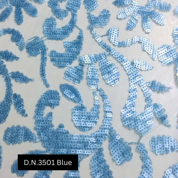 Floral Blue Sequins Embroidery Net Fabric for Stylish Dresses & Wedding Attire