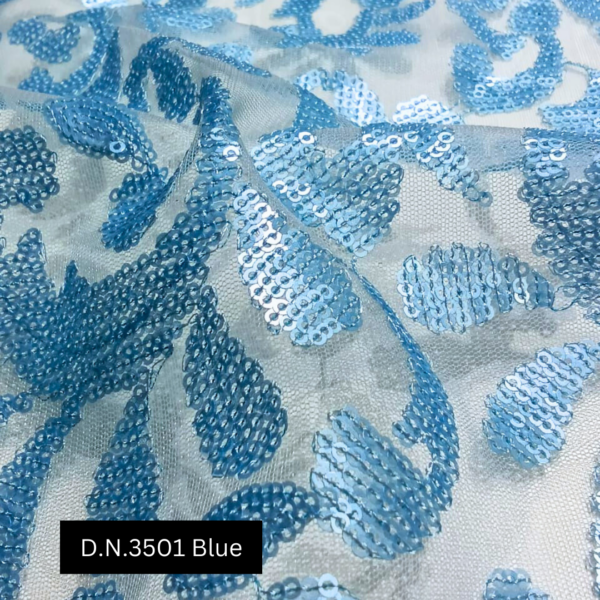 Shop Floral Blue Sequins Net Fabric – Premium Embroidered Fabric for Fashion